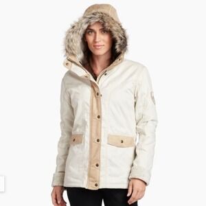 KÜHL Women's Arktik Faux Fur Trim Hooded Winter Coat Jacket Ivory Small
